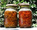 St John's wort blossoms being soaked in olive oil and exposed to sun light to make herbal medicine (lipophilic extract). Produced by Michalis, Potos/Thassos, Greece