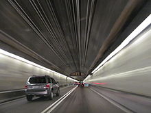 Inside the Squirrel Hill Tunnel, which runs underneath the southern half of Squirrel Hill Interstate 376 - Pennsylvania (8460354749).jpg