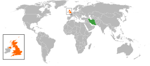 Mapa indicando localização do Irão e do Reino Unido.