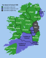 सन् १४५० में आयरलैंड का नक्शा, लाल रंग में इंग्लैंड के राजा के अधीन भूमि, हरे रंग में आयरिश लोगों के कब्ज़े वाला क्षेत्र और नीले रंग में आंग्ल-आयरिश सामंतों के अधीन भूमि