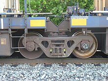 Closeup of a regular truck with specially adapted side bearings between two sections of an articulated well car JacobsBogieArticulatedWellCarCanadianPacificTrainBoltonON.jpg