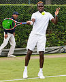 Jarmere Jenkins competing in the first round of the 2015 Wimbledon Qualifying Tournament at the Bank of England Sports Grounds in Roehampton, England. The winners of three rounds of competition qualify for the main draw of Wimbledon the following week