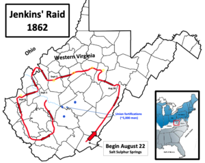 county map of West Virginia highlighting Jenkins' route