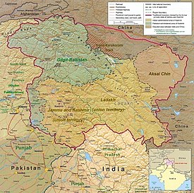 Mapa de Caxemira com as áreas sob administração paquistanesa a verde