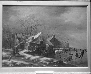 Winter Landscape with Cottages and a Windmill at the Bank of a Frozen River