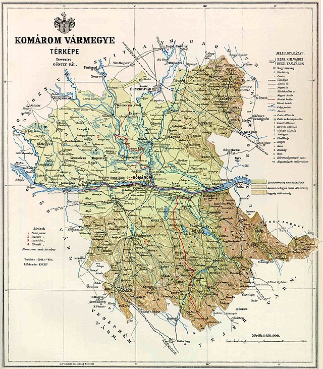 Komárom vármegye domborzati térképe