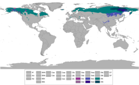 Localización de los climas continentales subpolares en el mundo.