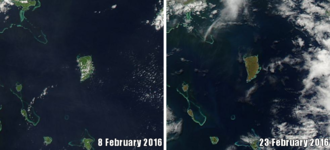 Koro Island before (left) and after (right) Winston. Severe defoliation is readily seen with the island's green landscape turned brown. Koro Island, Fiji, before and after Cyclone Winston 2016.png