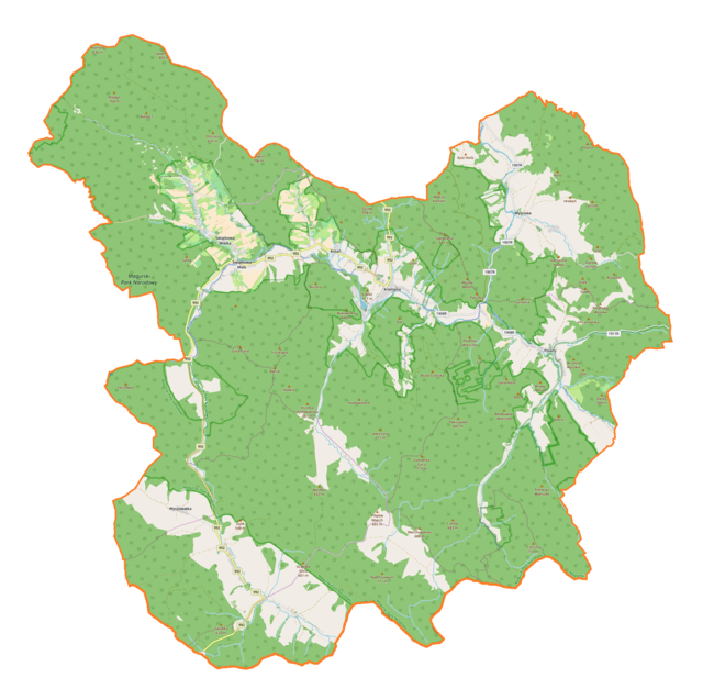 Mapa konturowa gminy Krempna, po prawej znajduje się punkt z opisem „Polany, cerkiew”