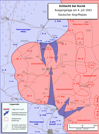 German plan of attack, showing position of 6th Guards Army. Kursk-1943-Plan-GE.svg