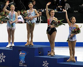 Nagasu (center) in the 2008 U.S. Championships ladies' podium