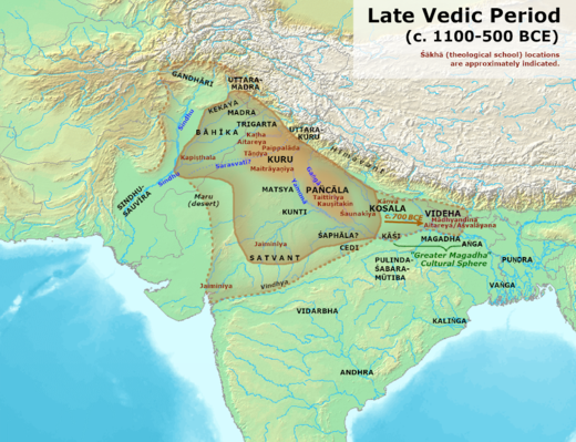 Verspreiding van de vedische cultuur en belangrijkste vedische stammen of proto-staatjes tussen 1100-500 v.Chr.