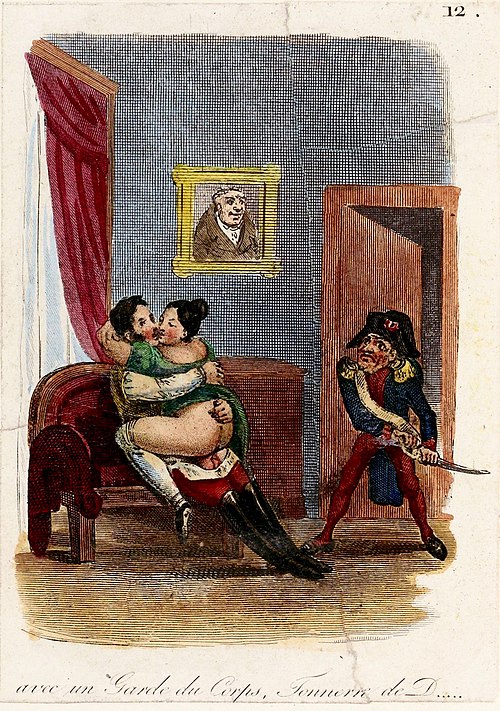 Gravure érotique française, illustration des douze journées érotiques de Mayeux : Avec un Garde du corps… Tonnerre de D…!!!