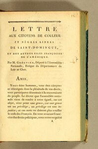 Henri Grégoire Lettre aux citoyens de couleur et nègres libres de Saint-Domingue, et autres isles françoises de l’Amérique, 1791    