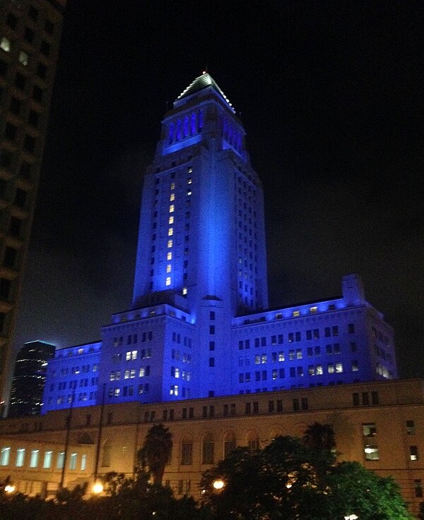 City Hall is often lit with various colors at night.