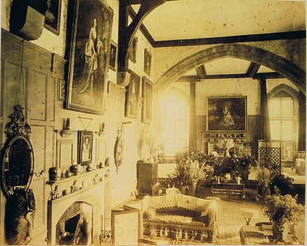 The hall circa 1870. From an album of an uncle and aunt of the Leightons of the day. Showing on the far wall is Sir Joshua Reynolds' Frances Anne Crewe (miss Greville), as St. Genevieve, c1773. Loton Park c1870.jpg