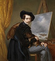 Potret Diri, oleh Louis Meijer. Anjing pelukis duduk di atas pangkuannya.