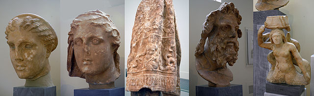 Statues from the Lycosura sanctuary: Artemis, Demeter, veil of Despoina, Antyus, Tritoness.