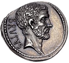 Portrait of Lucius Junius Brutus on a denarius of Marcus Junius Brutus minted in 54 BC. M. Junius Brutus, denarius, 54 BC, RRC 433-2 (obverse L. Junius).jpg