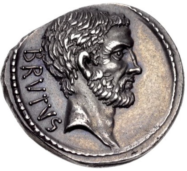 Portrait of Lucius Junius Brutus on a denarius of Marcus Junius Brutus minted in 54 BC.