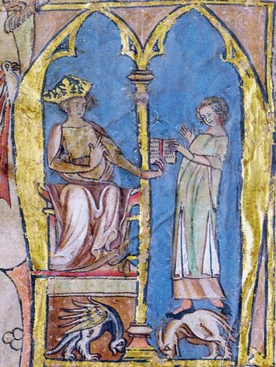 Magnus giving his national law to a lawman, illumination from the 14th century Codex Hardenbergianus.