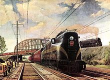 Painting for the 1949 calendar, titled Main Lines—Freight and Passenger