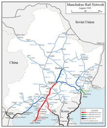 Manchukuoan railways in 1945 Manchukuo Railmap en.png