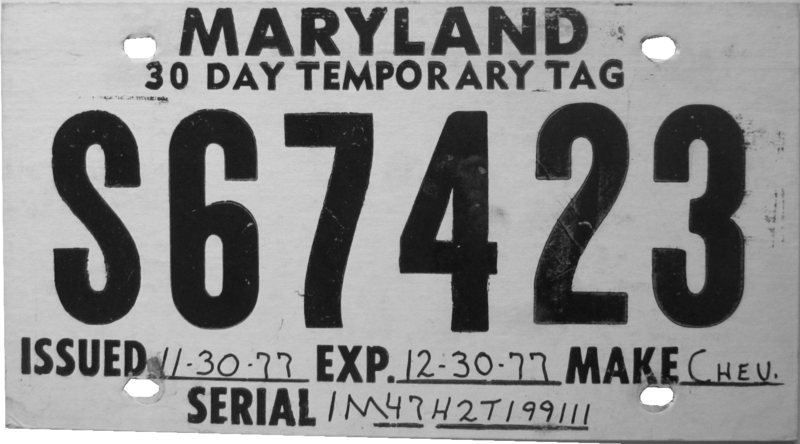 File:Maryland temporary tag, Chevrolet (December 1977).png