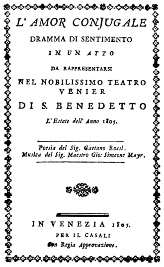 Libretto title page, 1805 Mayr - L'amor coniugale - title page of the libretto - Venice 1805.png