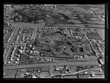 View of the partially quarried McLennan Hills in 1958.