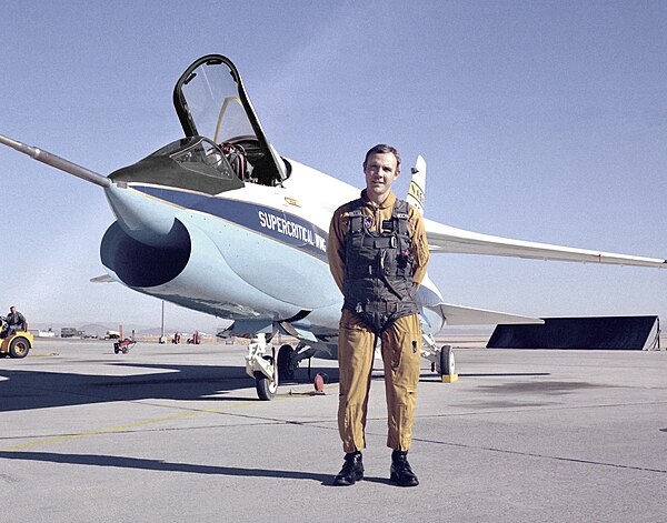 Thomas McMurtry before his flight on the Vought F-8A Crusader Supercritical Wing Airplane