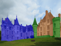 Photographie retouchée montrant par un jeu de couleurs les différents états d'un bâtiment.