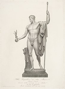 Napoléon en Mars désarmé et pacificateur. Antonio Canova. Marbre, H. 3,45 m. 1806. Apsley House. Gravure d'Antonio Ricciani, début XIXe siècle