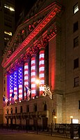 Lippu Wall Streetin pörssin pylväissä New Yorkissa jouluaikaan.