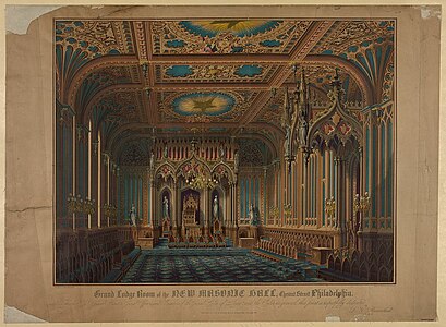 Gothic Revival design for the interior of a new masonic hall on Chestnut Street, Philadelphia, US, by Max Rosenthal, 1855