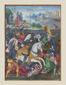 Francis I depicted wearing the base at the Battle of Marignano. Noel Bellemare.- Francois Ier chargeant contre les Suisses a Marignan, 14-09-1515.png