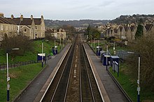 Oldfield Park railway station, showing Brougham Hayes bridge in the distance Oldfield Park railway station MMB 01.jpg
