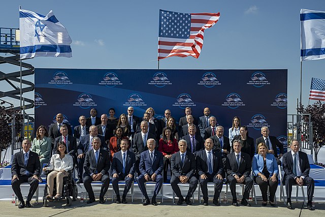US President Joe Biden with Israeli President Isaac Herzog, Gideon Sa'ar and other Israeli officials in Tel Aviv, Israel, 13 July 2022