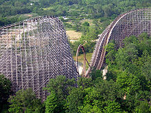 Son of Beast (2000) at Kings Island, the first wooden roller coaster to have an inversion PKI-Son of Beast.jpg