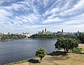 14 July 2018. Canada's Parliament Hill across the river as seen from the Canadian Museum of History.