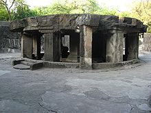 The circular Nandi mandapa at the Pataleshwar cave temple built in the Rashtrakuta era (753-982) Pataleshwar cave complex Pune.jpg