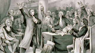Drawing of revolutionary firebrand Patrick Henry (standing to the left) uttering perhaps the most famous words of the American Revolution—“Give me liberty or give me death!”—in a debate before the Virginia Assembly in 1775.