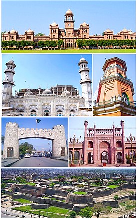 По часовой стрелке сверху: Исламийский колледж, башня часов Каннингема, Мечеть Санэхри, Крепость Бала-Хисар, Баб-э-Хайбер, Мечеть Махабат-хана.
