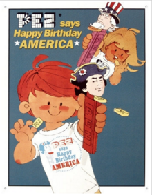 Pez Dispenser ad from 1976 showcasing their continental soldier and Uncle Sam designs Pez ad 1976.png