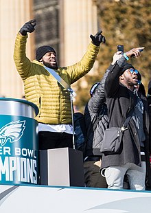 Ajayi (right) and Fletcher Cox (left) celebrate at the Super Bowl LII Victory Parade in Philadelphia Philadelphia Eagles Super Bowl LII Victory Parade (39274856155) (cropped).jpg