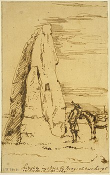 Tekening van een man met zijn paard die bij een grote rots staat die vier keer zo hoog lijkt te zijn.