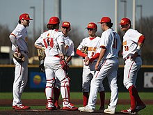 The Gorillas baseball team conducts a mound visit during a game in 2022 Pittsburg State Gorillas Baseball team.jpg