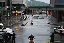 Bomb squad dealing with suspected explosive in microwave oven, 2010 Pittsburgh Marathon 2010 bomb squad.jpg