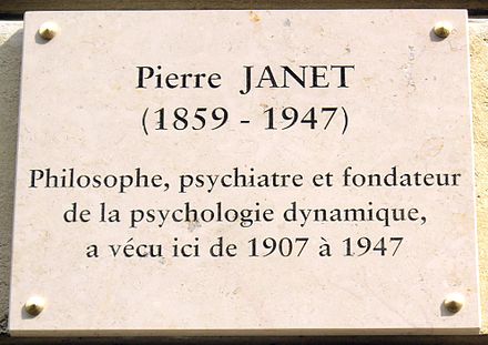 The plaque on the former house of Pierre Marie Félix Janet (1859–1947), the philosopher and psychologist who first alleged a connection between events in the subject's past and present mental health, also coining the words "dissociation" and "subconscious"