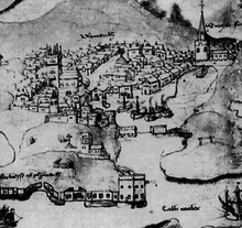 A depiction of the town and fortifications of Plymouth around Sutton Pool, from a chart dated 1540. The Fisher's Nose Blockhouse is in the centre foreground and behind it can be seen the Royal Chapel of St Katherine-upon-the-Hoe, Plymouth Castle and the Barbican with a harbour chain. Plymouth 1540.png